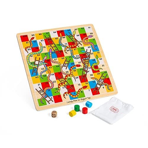 Bigjigs Toys Traditional Snakes and Ladders Game | 4 Player Wooden Board with Counters & Dice | Family Toy for Kids & Adults | Educational Tool for 3+ Year Old Children | Classic