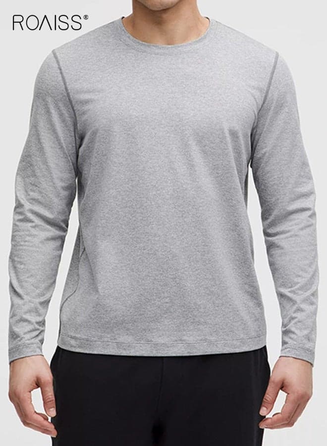 Men's Crew Neck Loose-Fitting Long-Sleeved Pullover T-Shirt, Polyester Blend Quick-Drying Stretch Top for Sports, Outdoor and Fitness, Gray