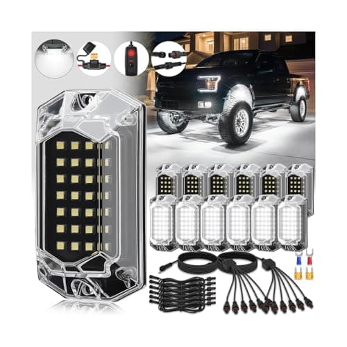 12Pods Full Angle All Pure White LED Rock Lights Full Kit Plug and Play Pre Wired 6500K with Switch Harness Wiring Extension Fuse 336Chips Waterproof Underglow 12V for Truck Pickup Jeep ATV Offroad