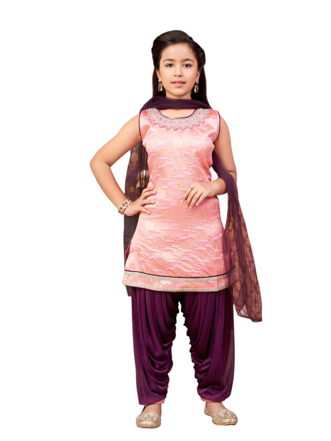 Aarika Girls Ethnic Wear Pink-Purple Colour Mirror Embroidery Brocade Kurti Patiala Set With Dupatta-5-13 Years (PT-18138)