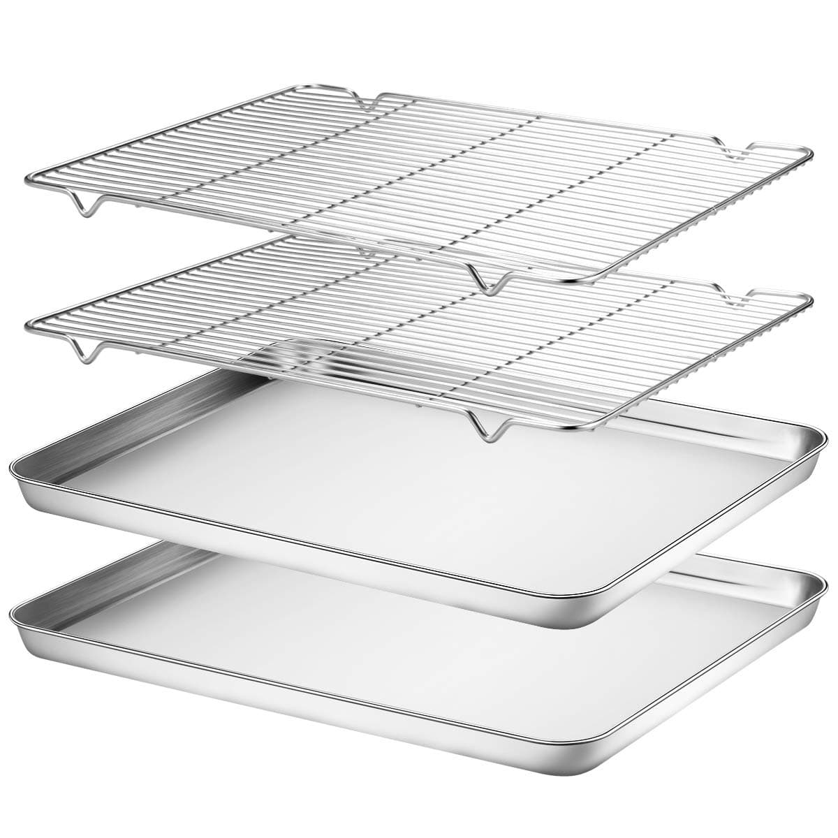 Wildone Baking Sheet Rack Set 2 Sheets 2 Racks Stainless Steel Cookie Pan with Cooling Rack Size 16 x 12 x 1 Inch Non Toxic Heavy Duty Easy Clean