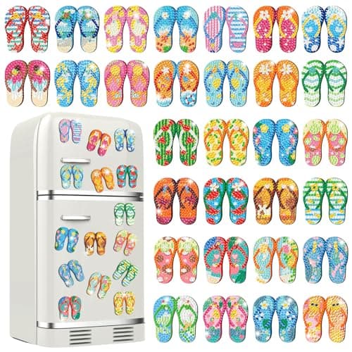 30 Pcs Summer Slipper Diamond Art Painting Magnets Fridge Magnetic Diamond Art Painting Kits Slippers Tropical Hawaiian Fridge Sticker Magnet DIY Craft for Adult Beginner Gifts Toy Home Office Decors
