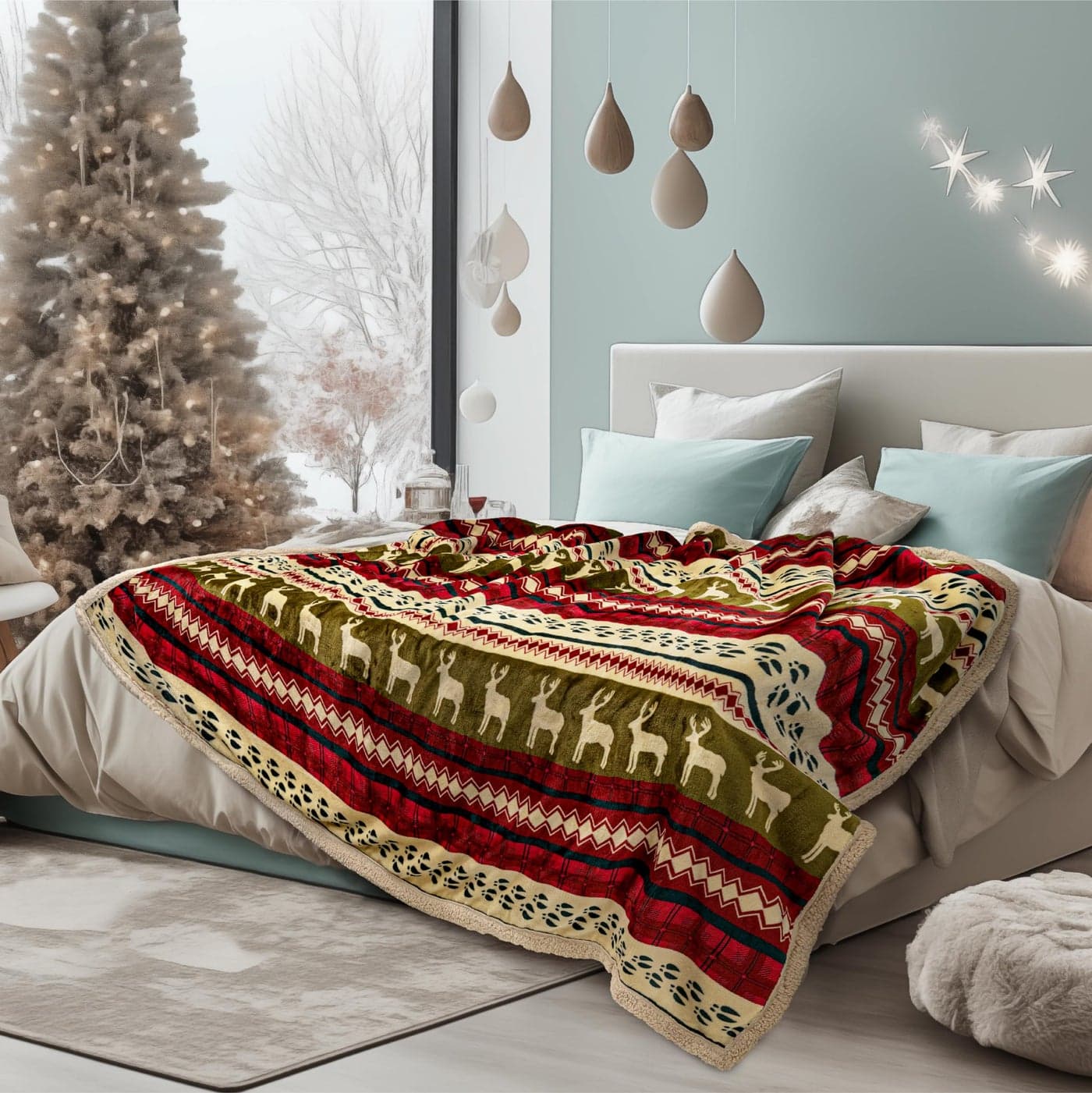 Pavilia Christmas Sherpa Blanket Throw Queen Bed Red Flannel Fleece Christmas Decoration Plush Warm Soft Cozy Reversible Winter Holiday Blanket 90x90