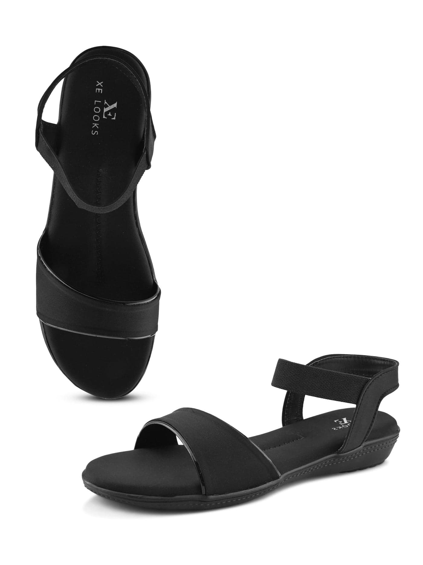 XE Looks Black Flat Sandals for Women | Broad Front Strap with Secure Back Support | Minimalist Casual Design | Lightweight & Comfortable For Girls
