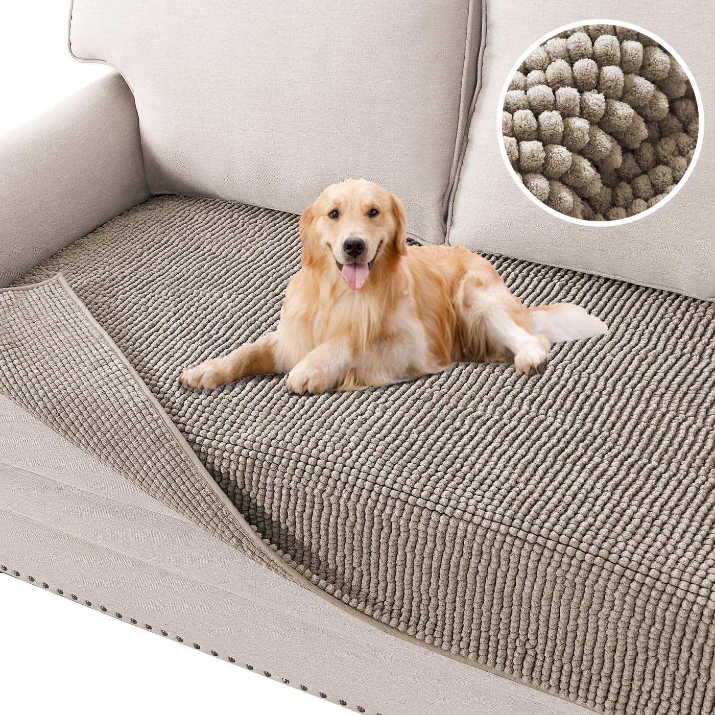 HVERSAILTEX Plush Chenille Couch Protector Dog Bed Cover Thick Soft Loveseat Cover for 2 Cushion Couch Anti Slip Couch Cover Furniture Protector for Dog Pet Cat 35 x 62 Taupe