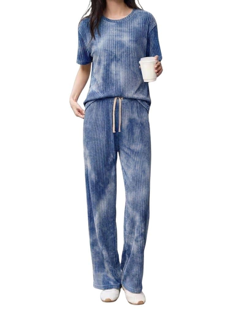 SMOWKLY Women’s Tie-Dye Pajama Set | Relaxed Fit Short Sleeve Top & Long Pants Sleepwear | Soft & Comfy Lounge Wear Set with Pockets Winter wear for Women | Trendy Korean Co-ord Set (1682_BL_M) Blue