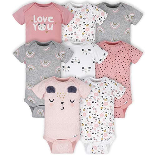 Gerber Baby 8-Pack Short Sleeve Onesies Bodysuits, Bear Pink, Newborn
