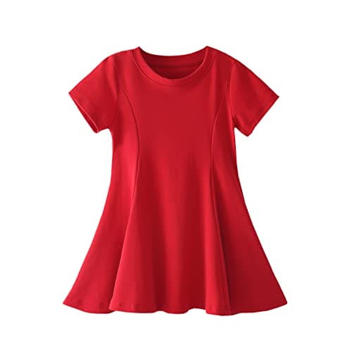 Little Girls Short Sleeve Swing Dress Kids A-Line Skater Twirl Summer Casual Dresses (Red,3T)