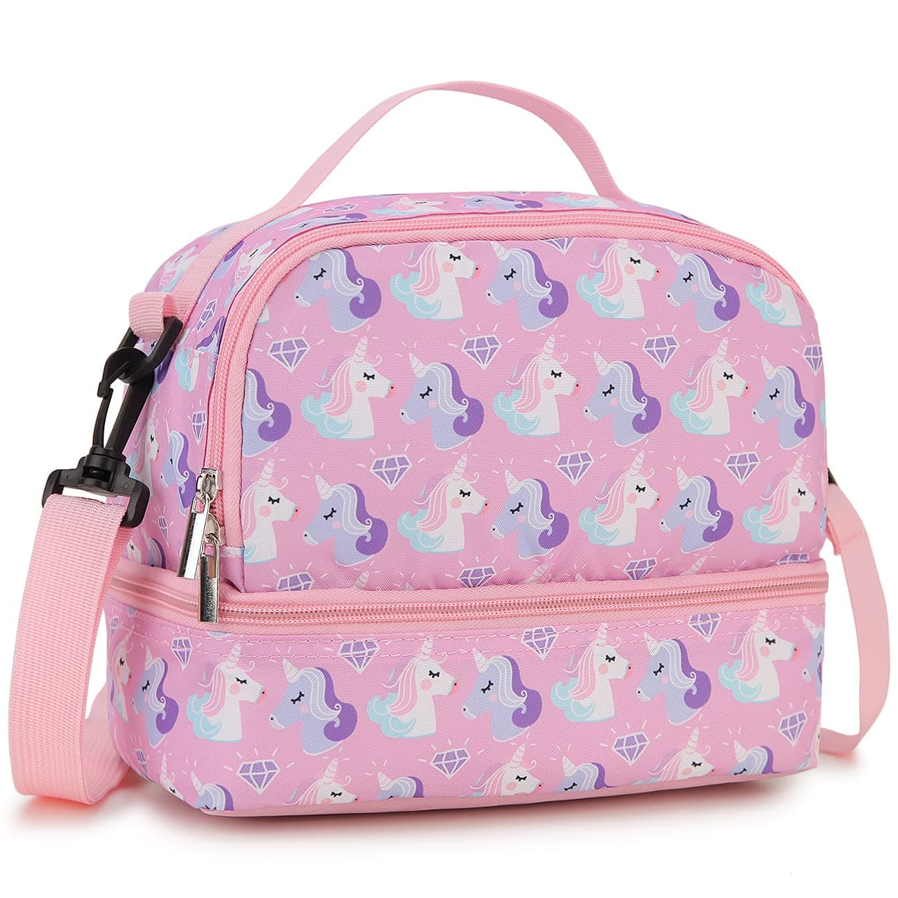 Lunch Bag for Girls Insulated Lunch Box Cute Thermal Lunch Tote Bag with Dual Compartment and Removable Shoulder StrapPink Unicorn VONXURY