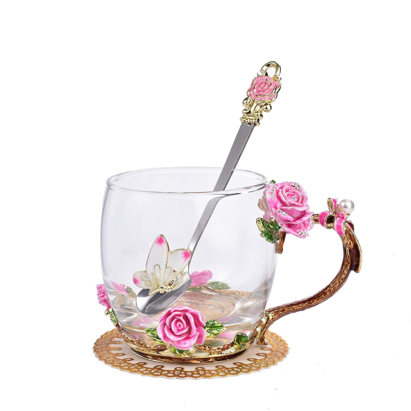 SUQ I OME Enamel Rose and Butterfly Flower Glass Tea Cup Birthday Gifts For WomenWife Friend for Christmas New Year Valentines Wedding Pink Rose11oz