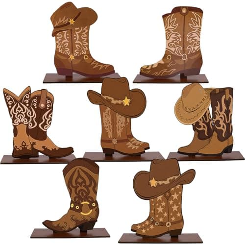 FYSUIMU 7 Pcs Western Cowboy Boots Wooden Centerpieces Western Brown Boot Shape Retro Wood Tabletop Signs for Tables for Rodeo Birthday Baby Shower Wedding Bachelorette Party Supplies