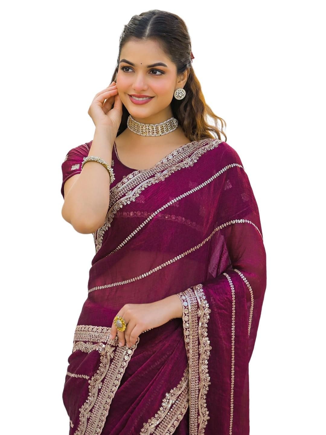 SIRIL Women's Shimmer Chiffon sequence Embroidery Scalloped Border Saree With Unstitched Blouse Piece (4903S861_Magenta)