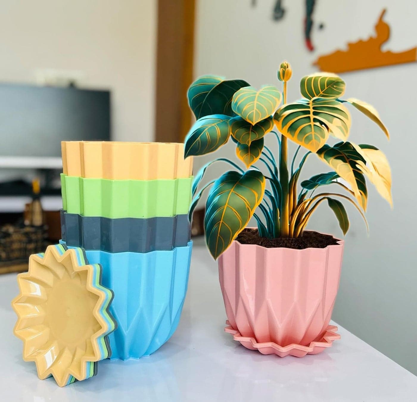 Eightiz Crystal Look Plastic Flower Pots with Tray for Home & Decoration Planters, Terrace, Garden Plant Container Set (Pack of 5, Plastic)