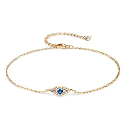 LOYATA Evil Eye Anklet For Women - 14K Gold Plated Tiny Bead Anklet With Dainty Blue Cubic Zirconia Evil Eye Foot Chain Lucky Multi Colored Foot Jewelry