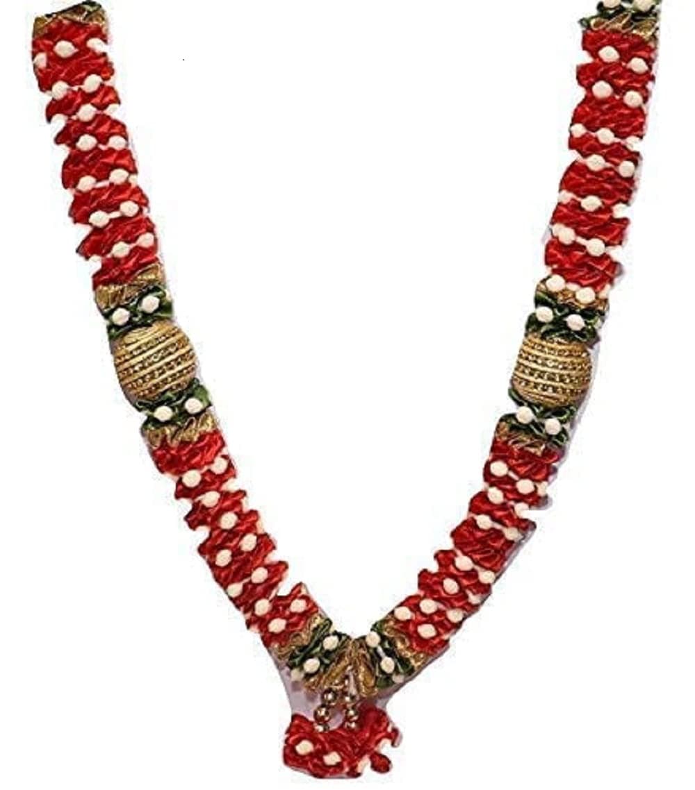 CR Tradelink Flower Garlands for Photo Frame or Murti Artificial Pearls BeadsStonesSatin Haar Home DecorTemple Decor Size 11 inch Red Pack of 2