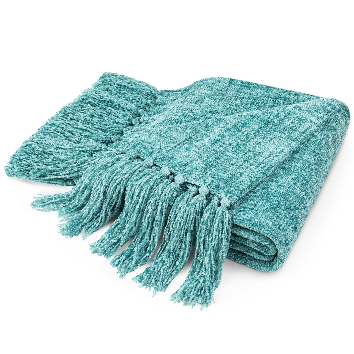 Pavilia Teal Green Throw Blanket for Couch Twin Size Bed Chenille Soft Knit Woven Turquoise with Tassel Decorative Textured for Living Room 60x80