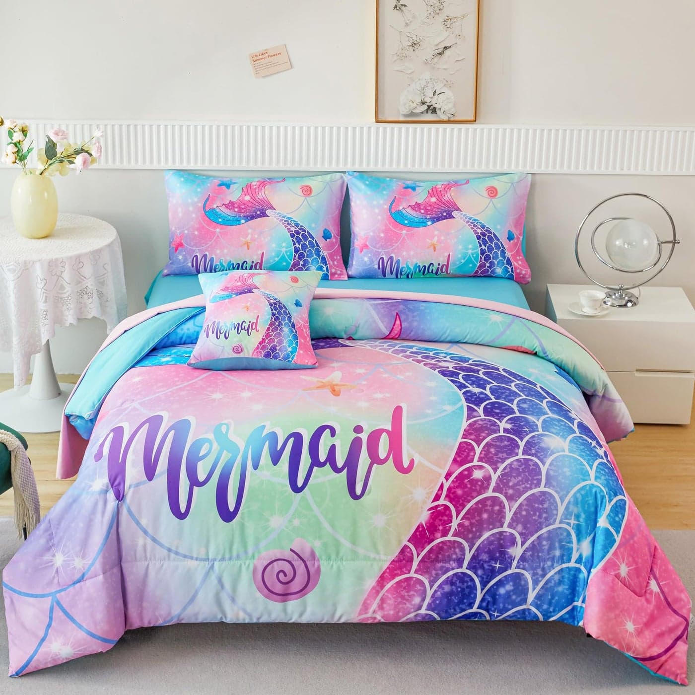 RYNGHIPY Mermaid Full Girls Bedding Set Colorful Rainbow Kids Girls Comforter Set with Sheets Soft and Lightweight 6 Pieces Teen Girls Bed in a Bag