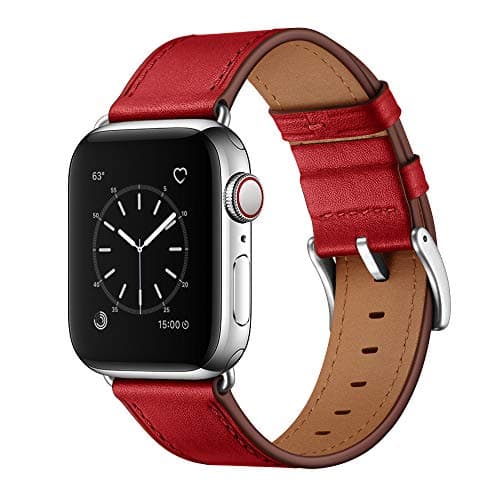 OUHENG Leather Bands Compatible with Apple Watch Band 49mm/46mm/45mm/44mm/42mm, Genuine Leather Replacement Strap for iWatch Series 11/10/9/8/7/6/5/4/3/2/1 & Ultra 3/2/1 & SE3 SE2 SE, Red/Silver