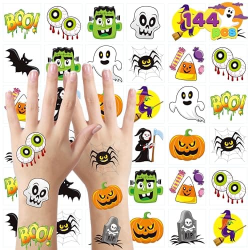 JOYIN 144 PCS Halloween Temporary Tattoos for Kids 12 Designs Bulk Fake Tattoos Stickers for Halloween Party Favors Decorations Supplies Trick or Treat Game Gifts Goodie Bags Class Game Prizes