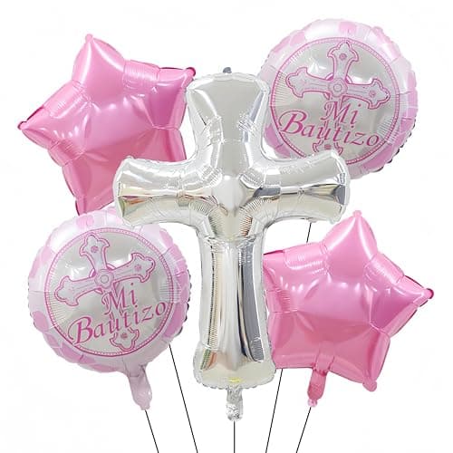 5Pcs Silver Cross Jumbo BaptismFirst Communion Party Decor for Boys Girls Shiny Star Balloon Birthday Wedding Christmas Christening Religious Home Outdoor Decoration
