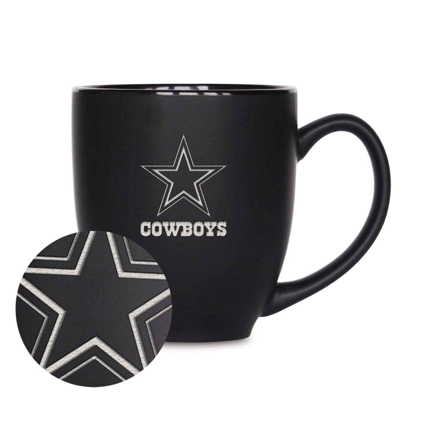 Rico Industries NFL Football Dallas Cowboys Main 15oz Laser Engraved Matte Black Ceramic Bistro Mug For Hot or Cold Drinks