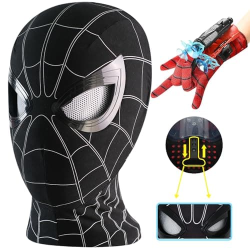 Tarrshiney Spider Hero Black Mask with Movable Mechanical Eyes Homecoming Super Hero Full Mask with Moving Lenses Cosplay Wearable Prop for Gift