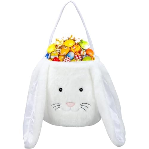 Plush Easter Bunny Basket for Kids Boys Girls Easter Buckets with Long Plush Ear Personalized Egg Hunting BagsBunny Kids Easter Tote Bags for Easter Decorations Candy