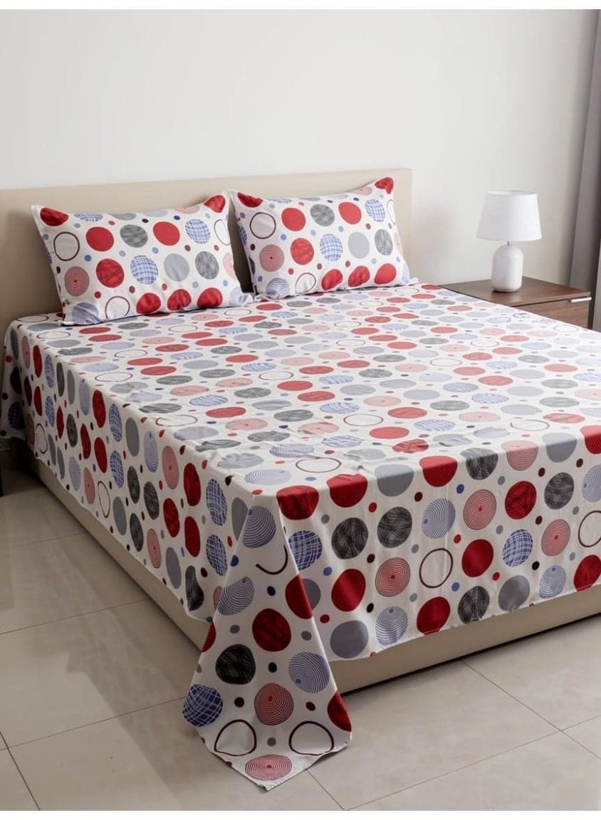 King size Cotton Blend Flat Bedsheet Set 144 Thread Count Polka Dot Design 220x240 cm