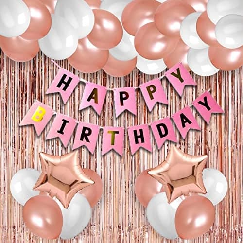 HK balloons Pack Of 34 Pcs Happy Birthday Banner Decoration Kit Set With Metallic Balloons (Pink Banner Rose Gold Balloon Combo - Pack Of 44)