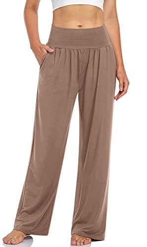 UEU Women's Plus Size High Waisted Yoga Pants Dance Casual Loose Fit Sweatpants Comfy Lounge Flowy Wide Leg Pants with Pockets(LightCoffee,XL)
