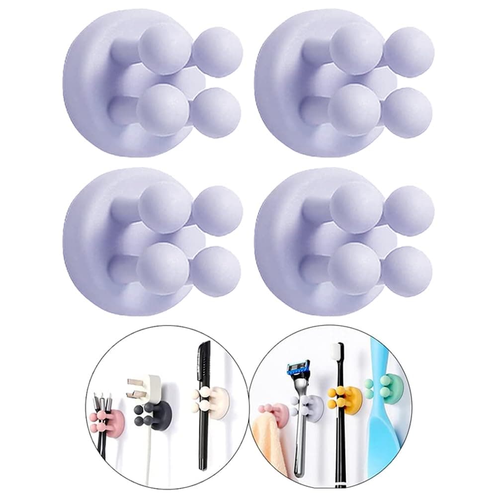 Defrko Silicone Toothbrush Holders - 4 Pcs Razor Hooks Adhesive Wall Mounted for Hanging Towel Key Plug Cable, Utility Decor Stick to Dorm Room Essentials Function for Kitchen Bathroom Home Office