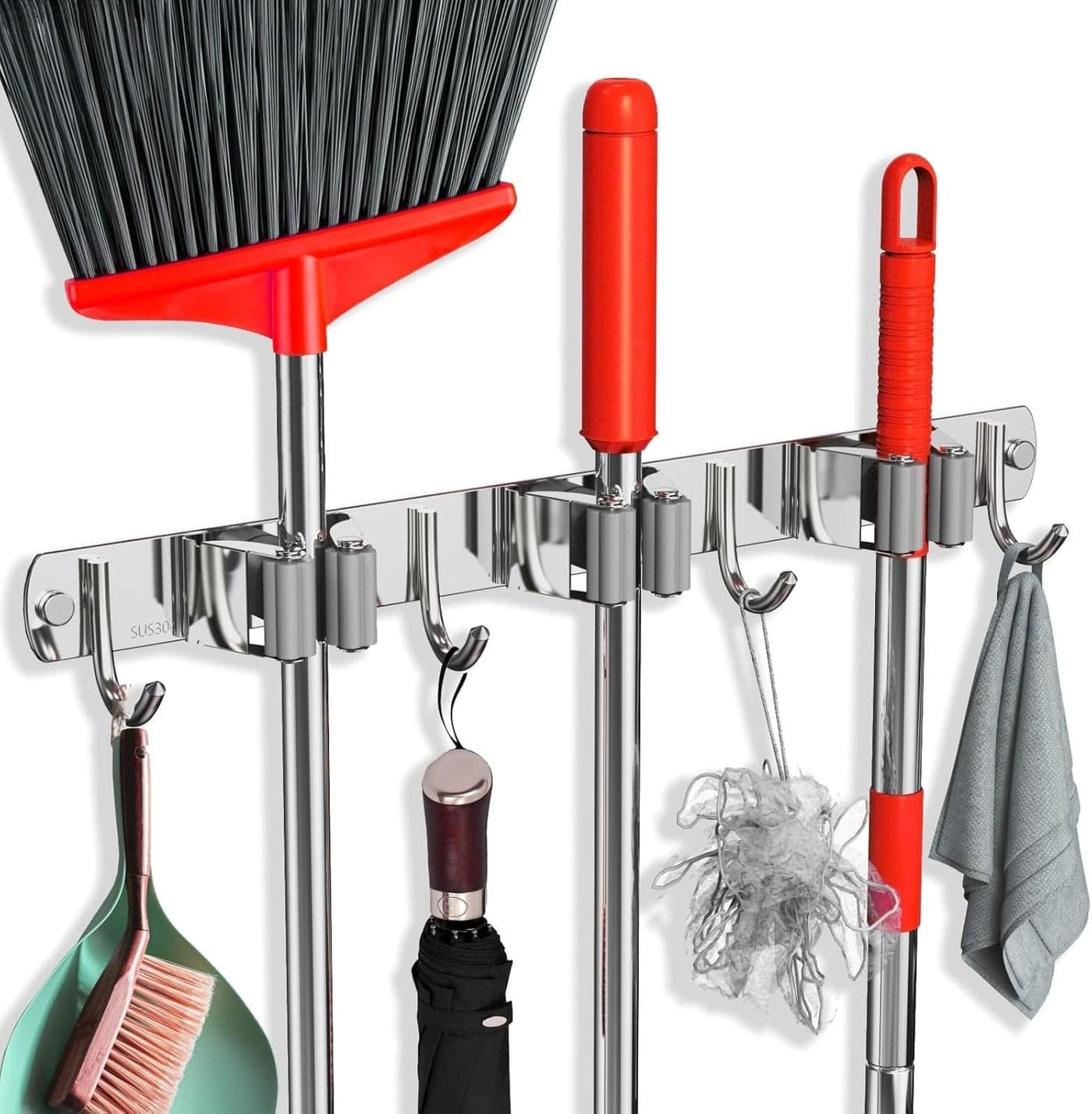 Chillyfit Stainless Steel Broom Holder Wall Mounted, Mop Holder For Wall, Broom Stick Holder Wall Mounted Stand, Storage Broomstick Brush Mount Organizer With Hanger Hooks Upgraded