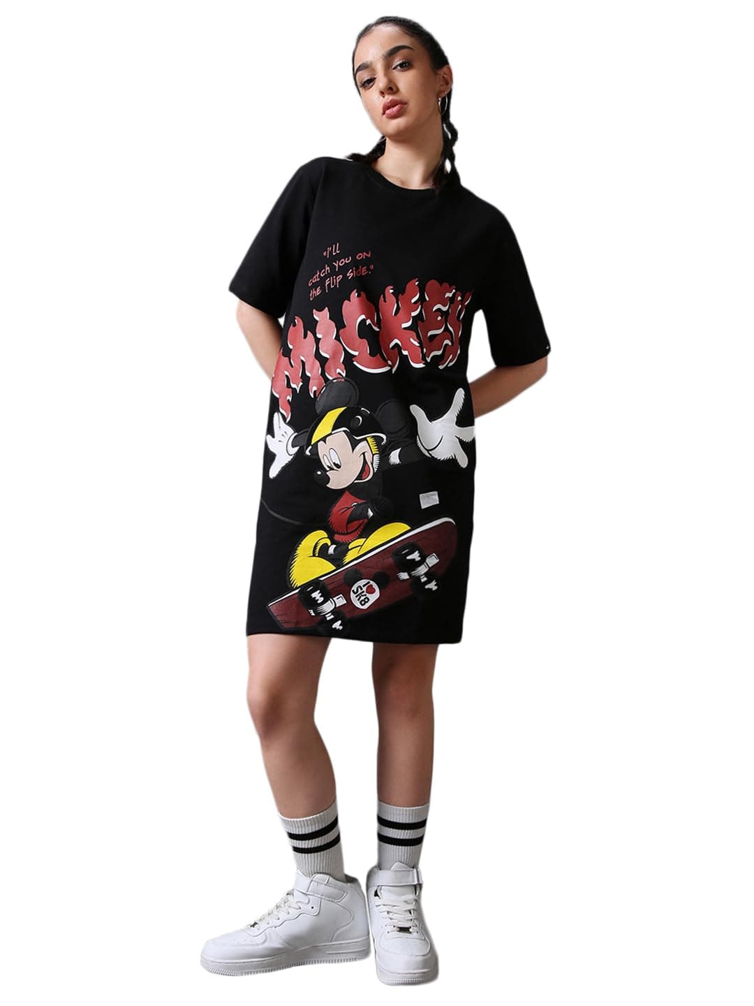 Bewakoof Heavy Duty 1.0 Official Disney Merchandise Women's Graphic Printed Oversized Dress_589799_Black_L