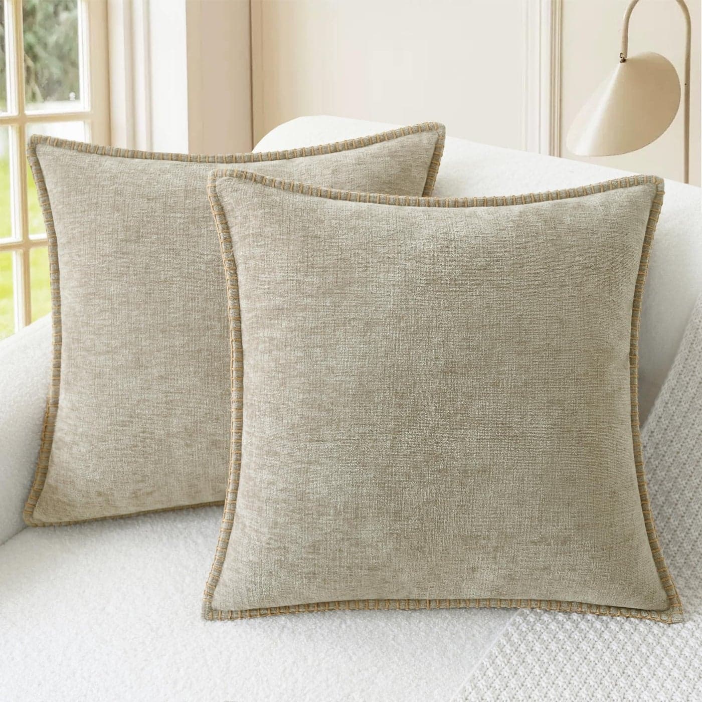 CaliTime Throw Pillow Covers Decorative 18 X 18 Inches Pack of 2 Cotton Thread Stitching Edges Solid Dyed Soft Chenille Cushion Cases for Couch Sofa Bed Living Room Farmhouse Light Taupe