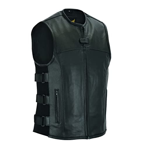 Leatherick Mens Warrior Style Leather Motorcycle Vest for Men with Deep Pockets (L, Black (Top Grain Leather))