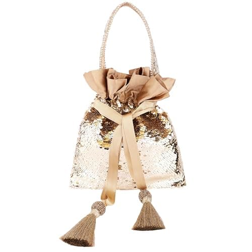 MASQ by Q-One Sequin Potli Bag for Women | Party & Wedding Clutch Bag | Handcrafted Drawstring Potli with Tassels | Festive & Ethnic Gift Pouch for Ladies (Gold)