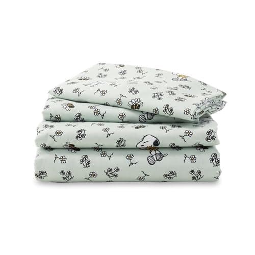 Berkshire Blanket Peanuts® Kids Sheet Set King Size - 4 Pieces,Cute Character Snoopy Printed Soft Microfiber Bed Sheets,Mini Snoopy & Woodstock New Flower and Bees Sage