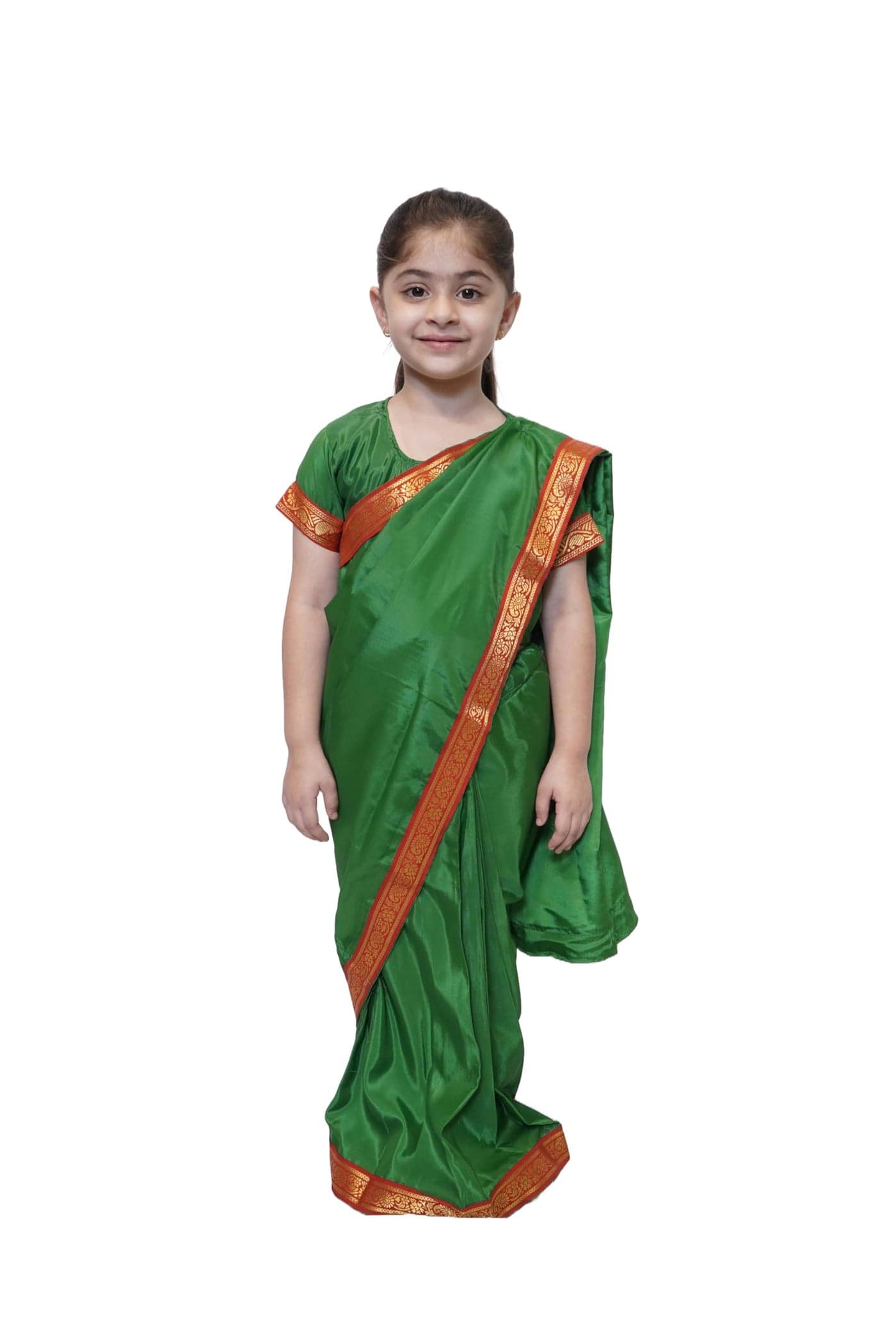 Kaku Fancy Dresses Indian Ethnic Wear Pre-Stiched Saree With Blouse -Green, 7-8 Years, For Girls