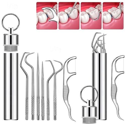 Bonzella® 7 pcs Teeth Cleaner Stick Dental Floss Toothpicks Set with Aluminum Tube, Reusable Tooth Cleaning Teeth Braces Cleaner for Outdoor Camping Traveling