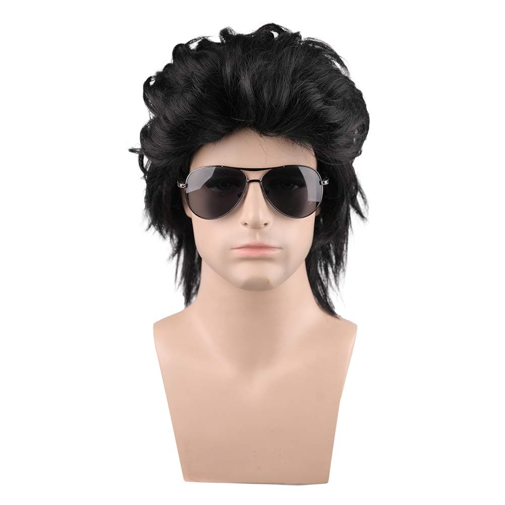 PATTNIUM Black 80s Wig Men's Layered Wig Men's Mullet Wig Black Layered Wig Curly Male Punk Wig Rocker Wig Cosplay Halloween Costume Wig (Black)