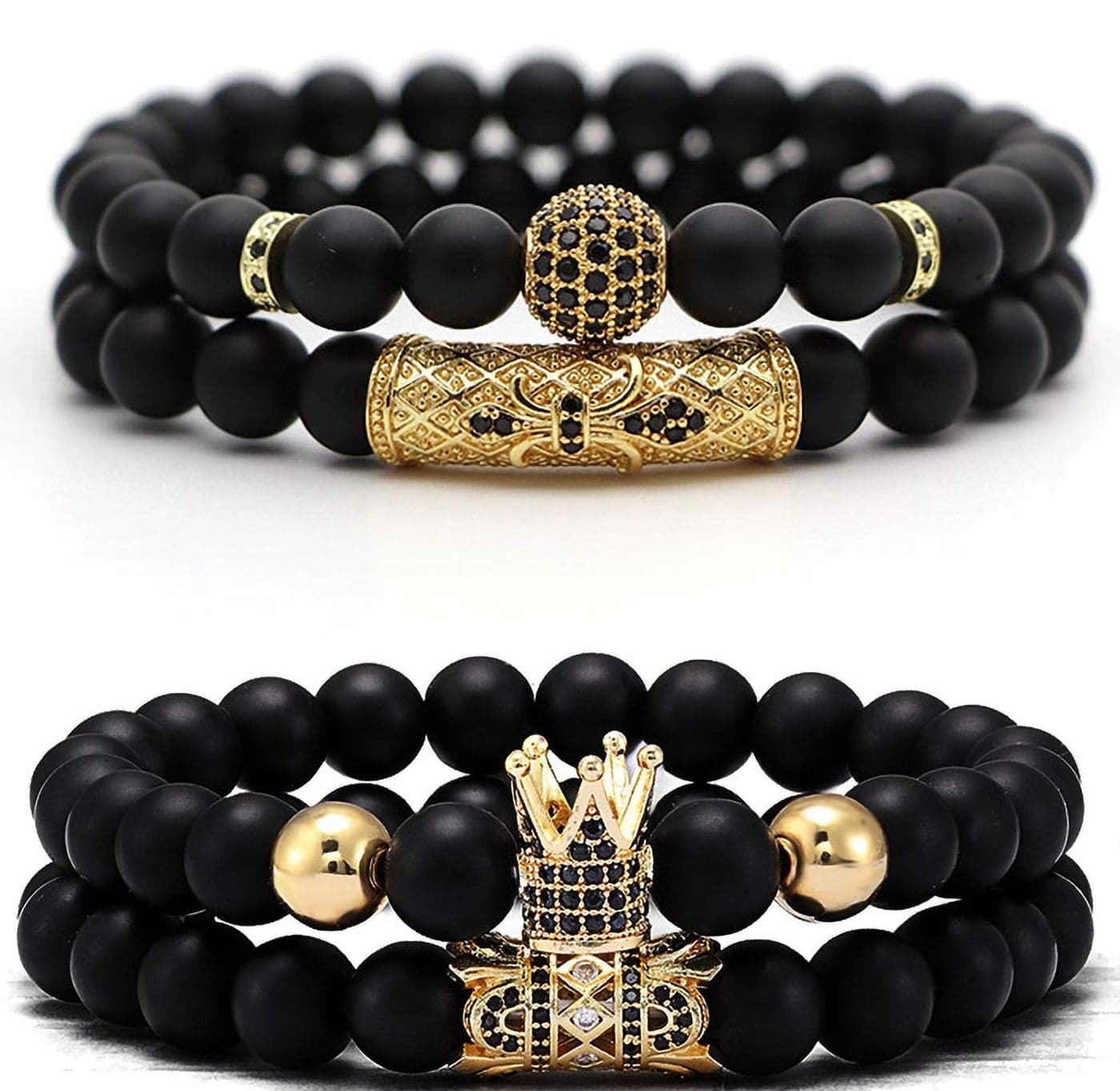 JEWPARK 4 Pcs Crown King Bracelets for Men Black Matte Onyx Cool Natural Stone Men Bracelets Set