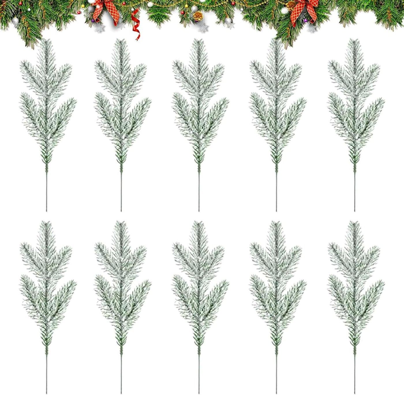 CURATED CART Artificial Pine Branches - 10pcs Simulated Cedar Five-Prong Pine Needles, Snowy Tree Filler Picks for Wreath Making, Christmas Tree Decorations, Wedding & Holiday Craft Supplies (10P)