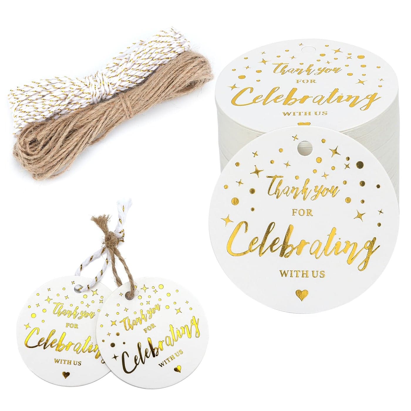joycraft Thank You for Celebrating with Us Tags 100Pcs Thank You Gift Tags with String 2 Gold Foil White Paper Labels Personalized Celebrating Tags for Gift Wrapping Weddings Baby Shower Holiday