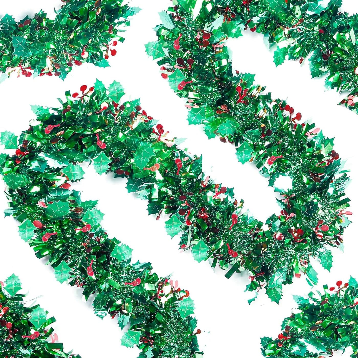 Sggvecsy 3937Ft Christmas Red Berry Tinsel Garland Xmas Tree Decorations Green Leaves Christmas Metallic Twist Garland Ceiling Hanging Decorations for New Year Party Holiday Indoor Outdoor Supplies