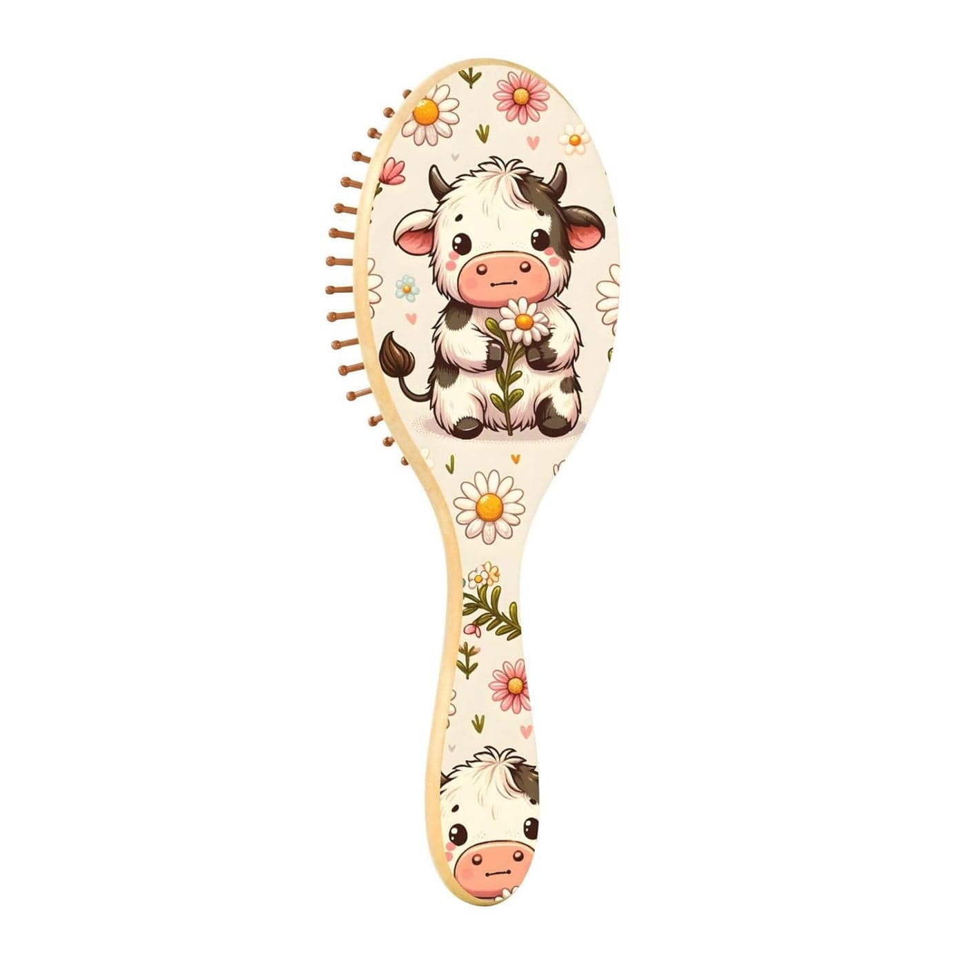 ALAZA Cute Cow Daisy Flower Hair Brush for Women Men Natural Wood Detangler Brushes for All Hair Types Hairbrush for Wet Dry
