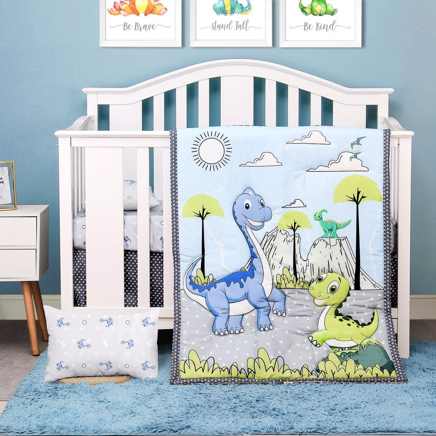 JISEN 3 Piece Crib Bedding Set Crib Quilt Crib Sheet Pillowcase Soft Microfiber Printed Nursery Set for Baby Boys or Girls Dinosaurs
