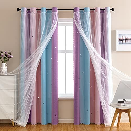 XiDi Dream Star Blackout Curtains for Kids Rooms Girl Princess Curtain for Daughter Bedroom Window Pink Purple W52 X L72