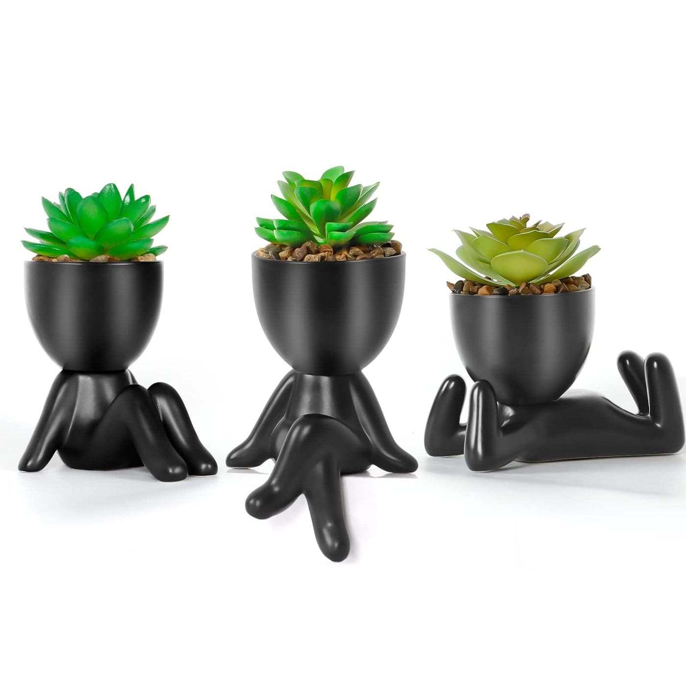 Dremisland 3PCS Fake Plants Artificial Succulents Potted Plant Indoor in Black Ceramic Pot Mini Faux Succulents Green Plant Cute Desk Decor for Home Office Table Living Room Shelves