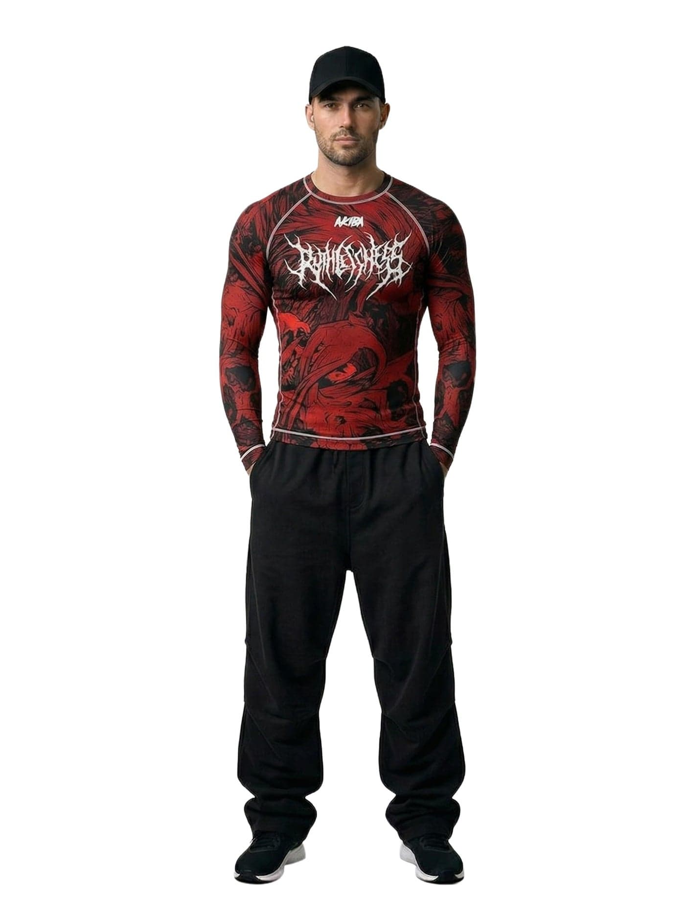 AKIBA Full Sleeve Compression T Shirt for Men 36 (Red) - Lycra Sports Skin for MMA BJJ Gym Running Cycling | Athletic Fit Moisture Wicking Workout Wear