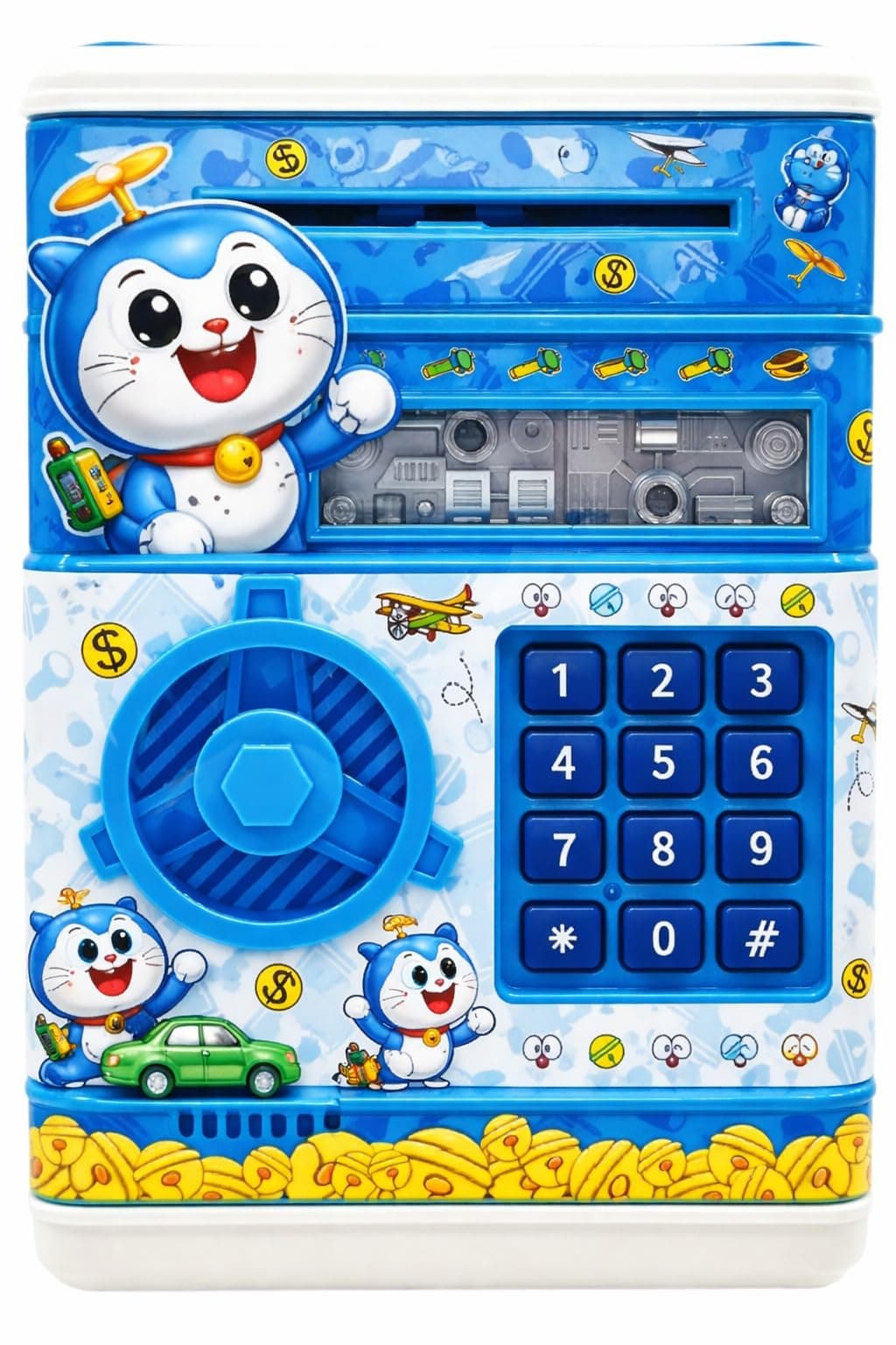Magicwand ATM Piggy Bank|Mini ATM|Coin Bank Money Saving Box with Password,【Cartoon Blue】 Kids Safe Money Bank for Kids with Auto Grab Note Slot
